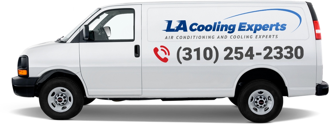 A white van with LA Cooling Experts’ logo and contact information